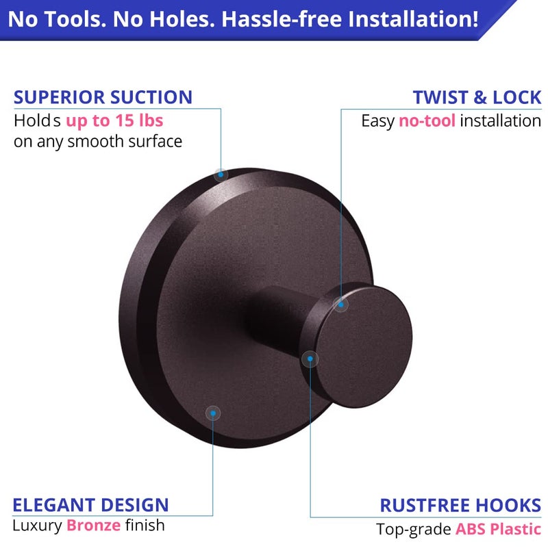 HOME SO Suction Cup Hooks for Shower, Bathroom, Kitchen, Glass Door, Mirror, Tile - Loofah, Towel, Coat, Bath Robe Hook Holder for Hanging up to 15 lbs - Waterproof & Rustproof, Dark Bronze (2-Pack) - Image 5